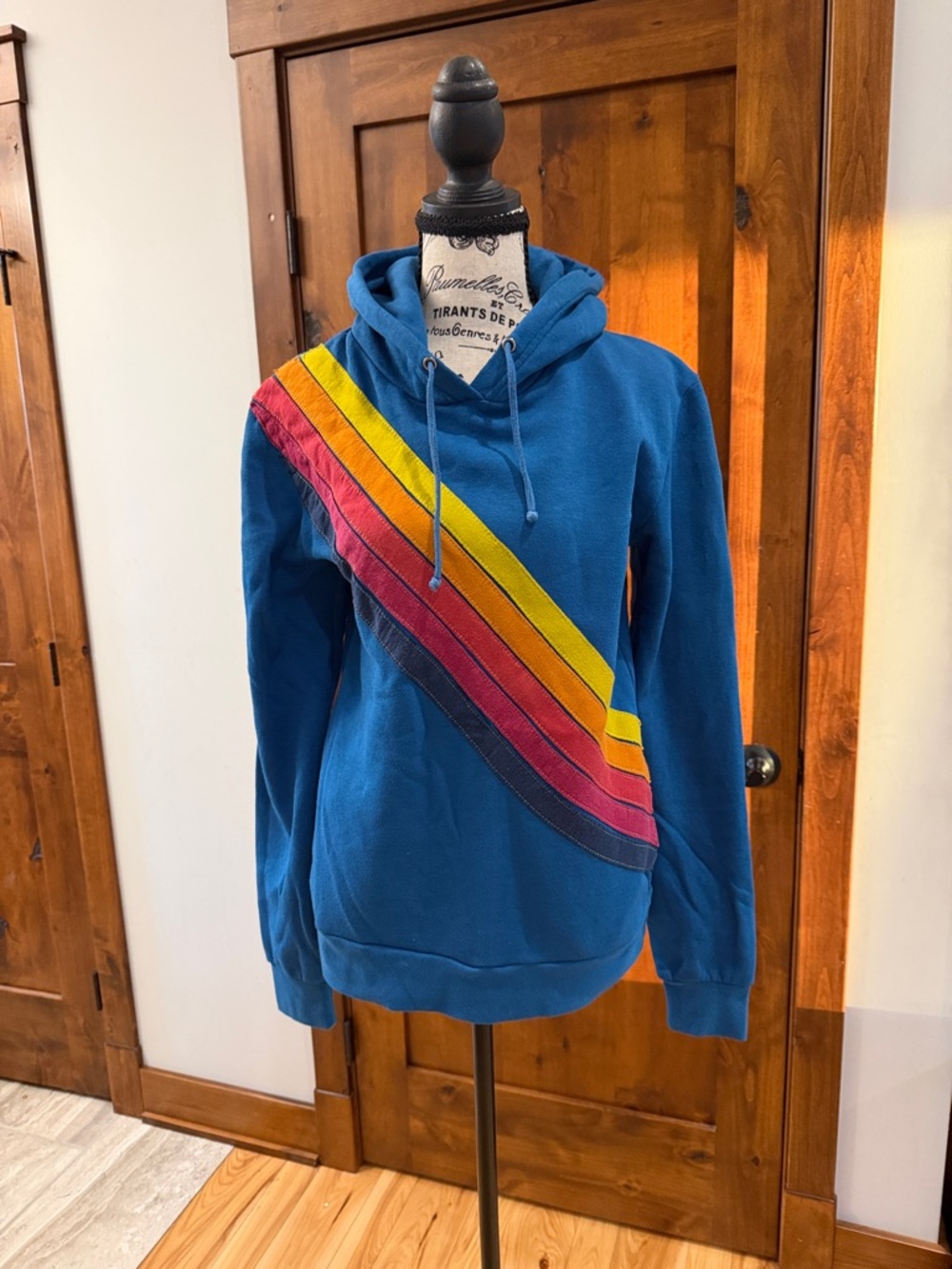 Aviator Nation Blue Hoodie with Diagonal Rainbow Stripe Size M